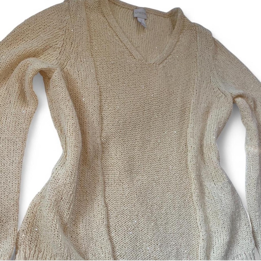 Chico’s Cream Gold Metallic Knit Sweater V Neck Cozy Size 2 - Picture 4 of 7